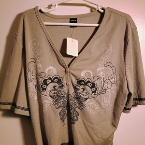 SHEIN Beige Blouse with Black Floral Printing